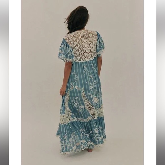 Free People Blue Bonnet Ethereal Cutwork Embroidered Lace Striped Maxi Dress M - Picture 2 of 11